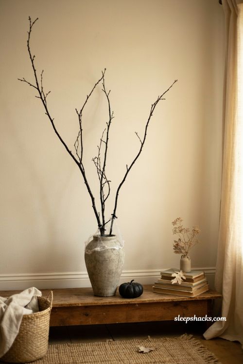 Black painted branches in a tall vase for elegant Halloween home decor 