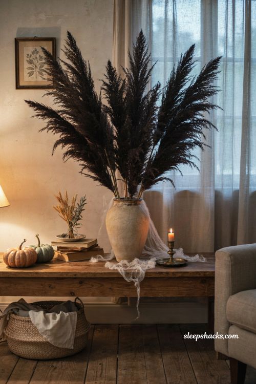 Black pampas grass Halloween decor with subtle spiderweb and cozy living room