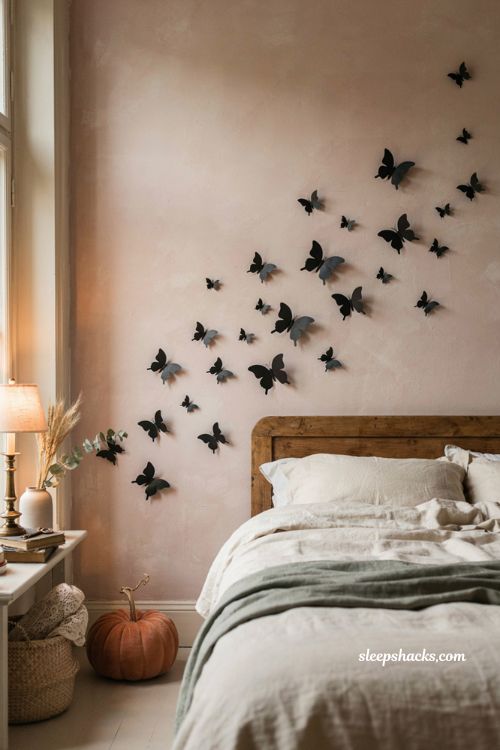 Black paper butterfly Halloween bedroom wall decor with soft cream and pink