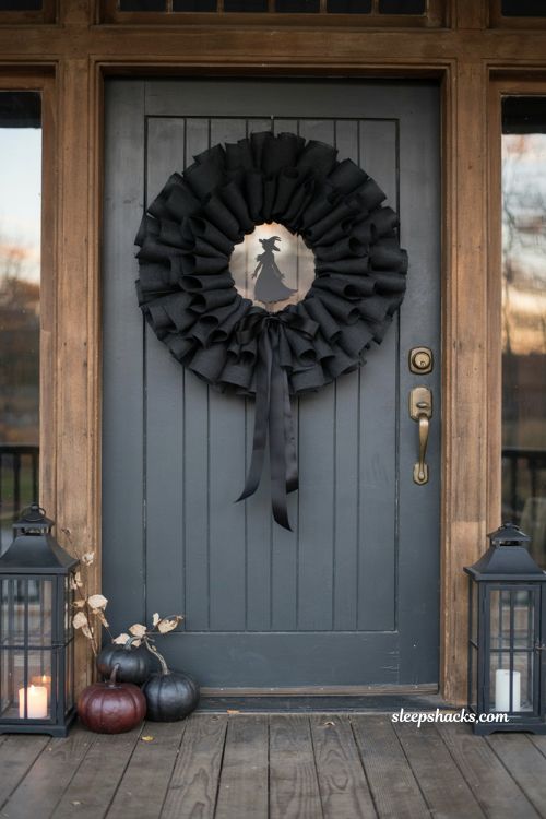 Black ribbon ruffle Halloween wreath with witch silhouette and dramatic bow
