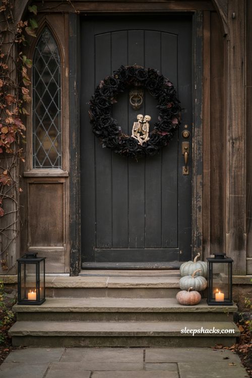 Black rose and skeleton Halloween wreath for elegant gothic front door decor