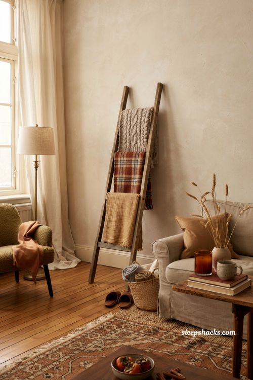 Blanket ladder ideas for a cozy fall living room with layered autumn throws