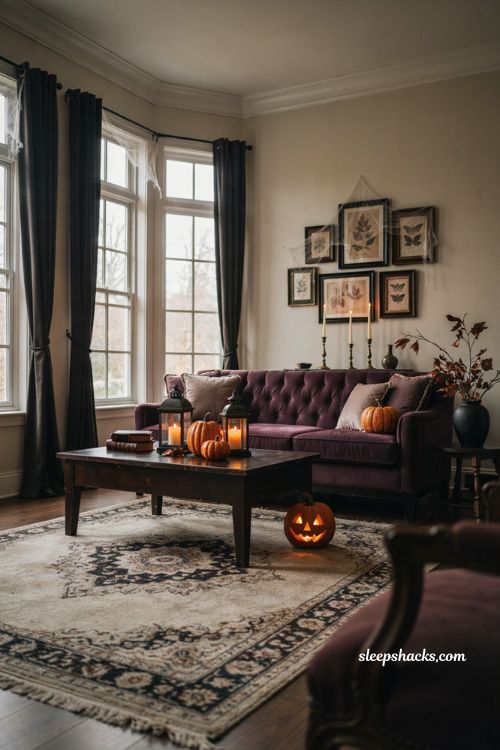 Bloxburg Halloween house color palette ideas with purple black and orange