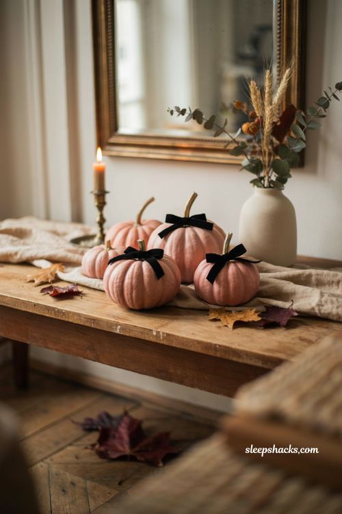 Blush pink pumpkins with black bows for cozy Halloween fall decor