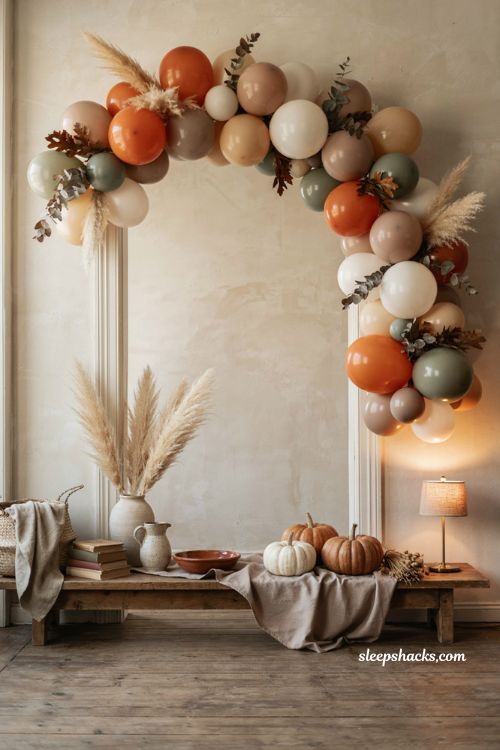 Boho earth tone fall balloon arch with burnt orange sage green pumpkins and dried florals