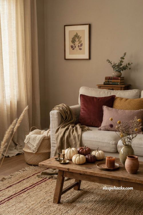 Boho fall decor with burgundy plum mustard and olive jewel tones cozy layered living room