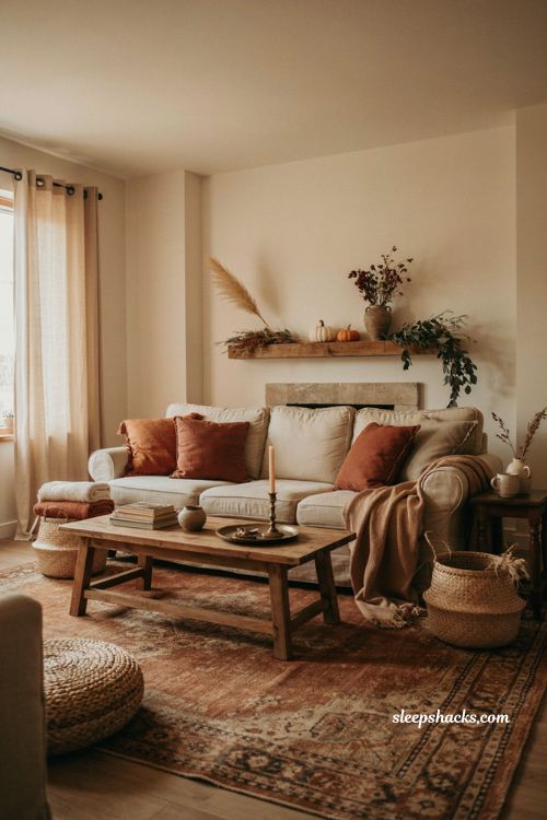 Boho fall decor with rust burgundy dried florals raffia and natural textures cozy living room