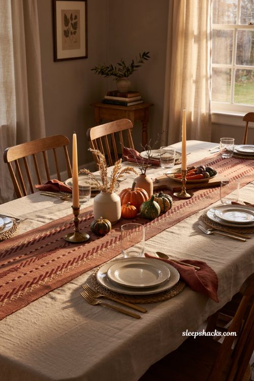 Bold patterned Thanksgiving table runner with rustic autumn place settings