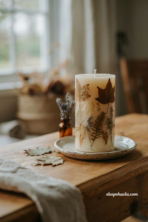 Botanical embedded pillar candle with pressed fall leaves