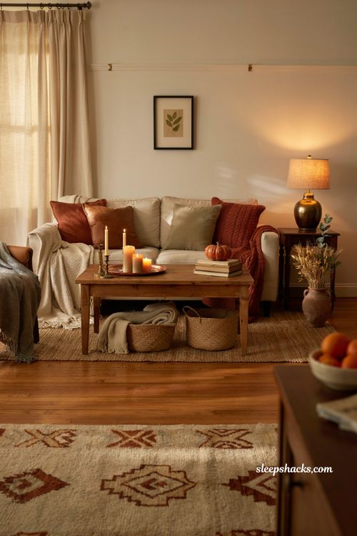 Brass and copper accent ideas for a cozy fall living room with warm autumn decor