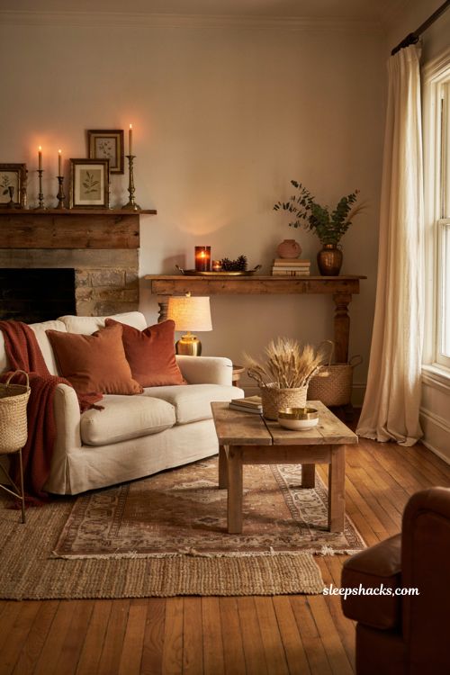Brass and gold accent ideas for a cozy fall living room with warm metallic decor
