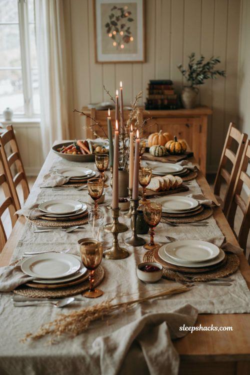 Brass candlesticks with soft taper candles for a cozy Thanksgiving table