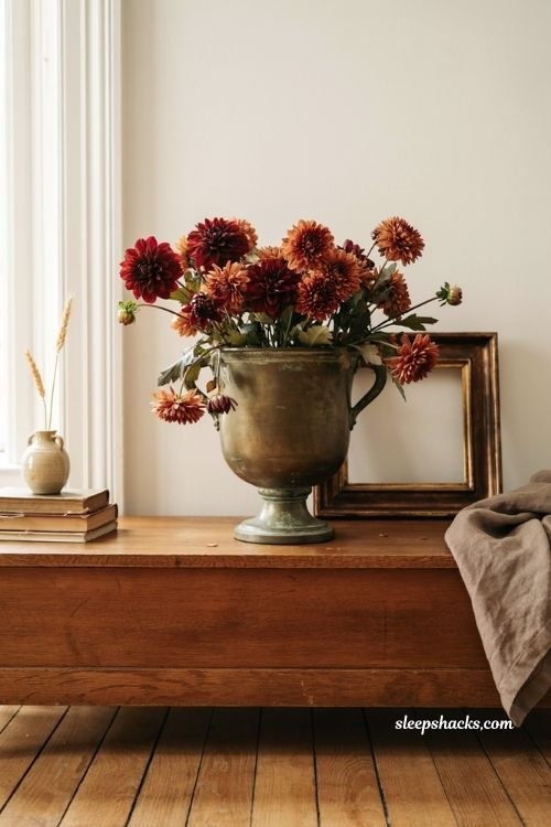 Brass urn with burgundy dahlias and rust chrysanthemums for vintage fall decor