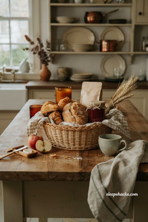Breakfast themed fall gift basket with bread preserves coffee pastries and gingham liner