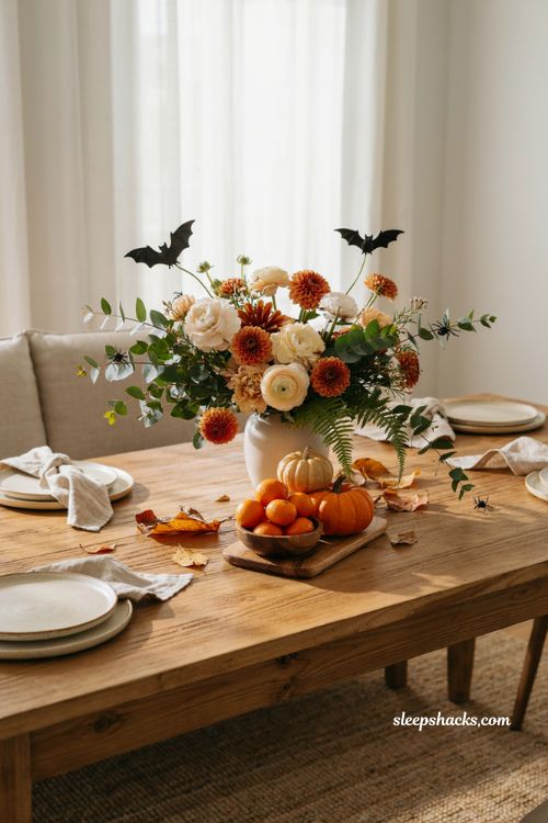 Bright orange cream and green floral centerpiece with bats spiders and pumpkins for cheerful Halloween table decor