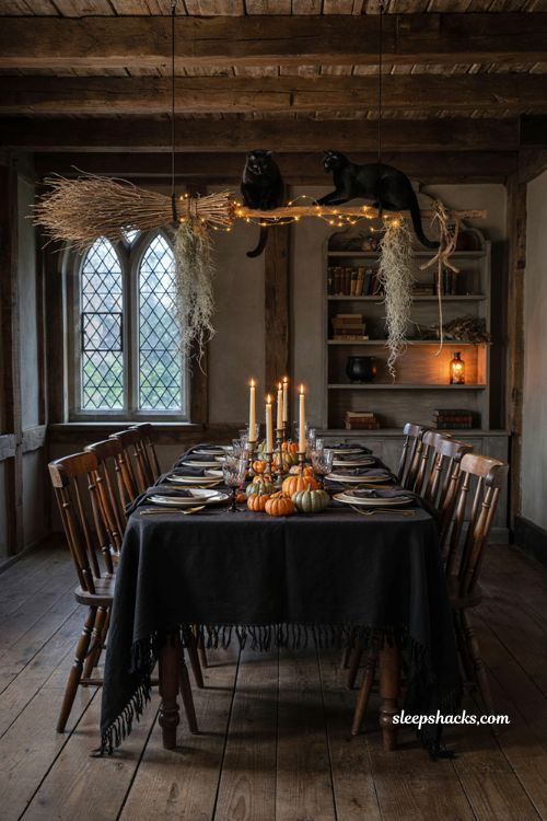 Broomstick pendant light Halloween dining room with pumpkins and witchy decor