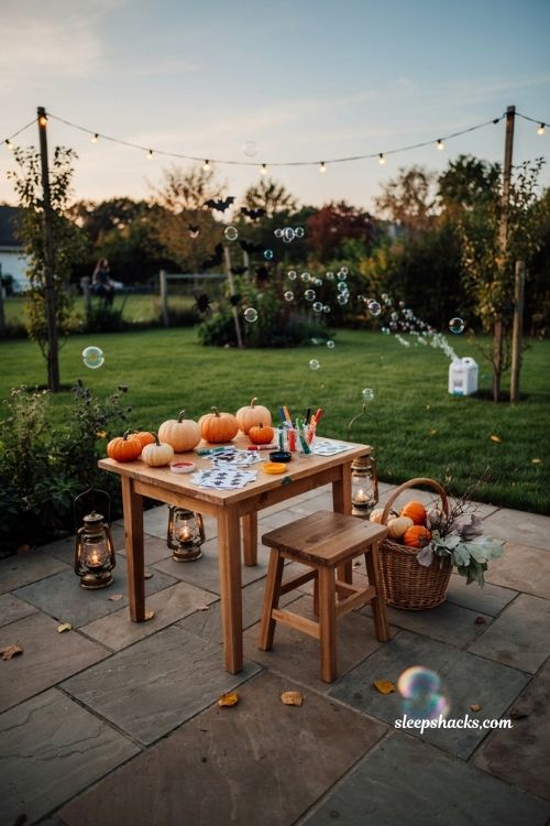 Bubble machine and Halloween art station ideas for kids outside