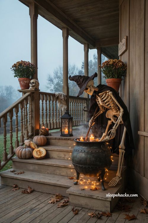Bubbling cauldron with witch skeleton and glowing string lights for Halloween front porch decor