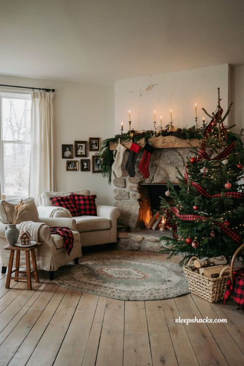 Buffalo plaid Christmas decor ideas for a cozy farmhouse living room