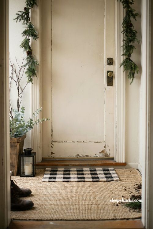 Buffalo plaid Christmas doormat layered farmhouse front door decor