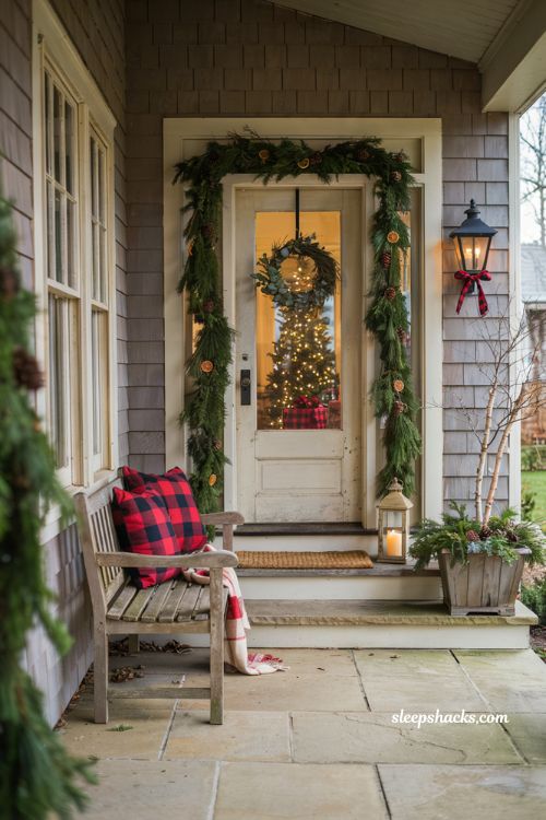 Buffalo plaid Christmas porch accents with cozy farmhouse holiday decor