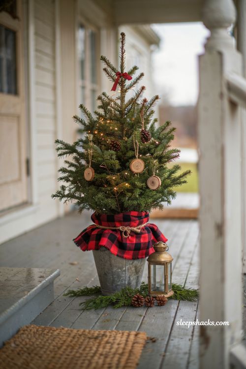 Buffalo plaid Christmas tree base wrap for a cozy farmhouse porch