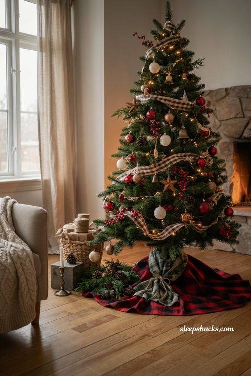 Buffalo plaid Christmas tree skirt and cozy farmhouse tree base decor