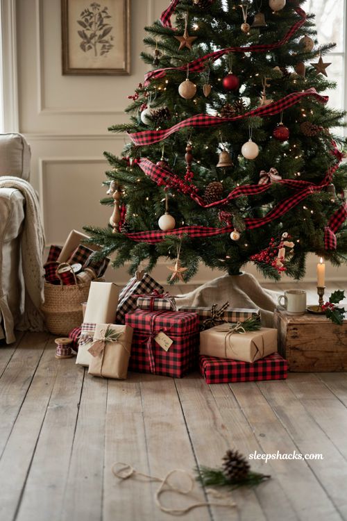 Buffalo plaid Christmas tree with coordinated farmhouse gift wrap underneath