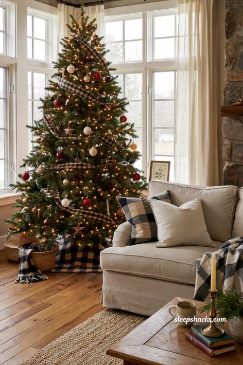 Buffalo plaid Christmas tree with pillows and throws in a cozy farmhouse room
