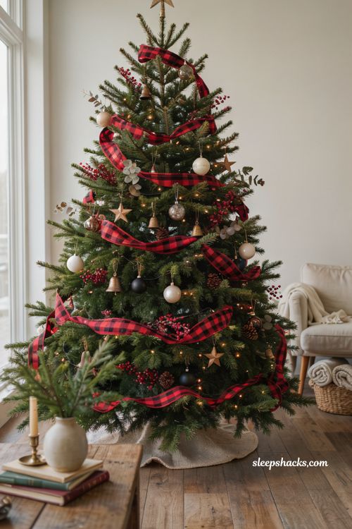 Buffalo plaid Christmas tree with red berry picks and warm white lights