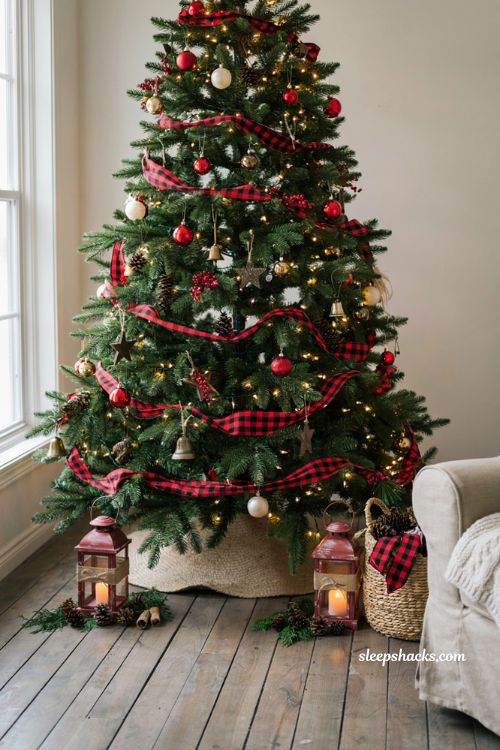 Buffalo plaid Christmas tree with red rustic lanterns at the base