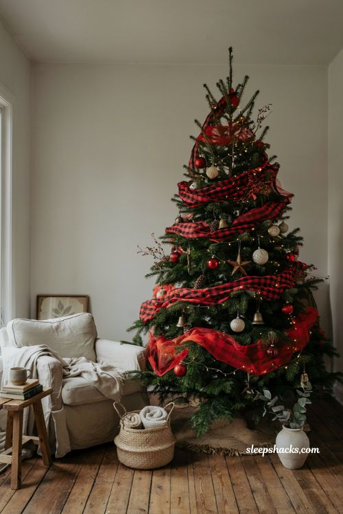 Buffalo plaid deco mesh Christmas tree with cozy farmhouse decorations