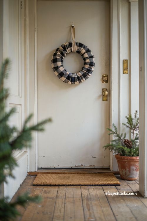 Buffalo plaid hoop wreath for a simple farmhouse Christmas front door
