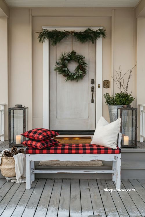 Buffalo plaid outdoor furniture Christmas decor for a cozy farmhouse porch