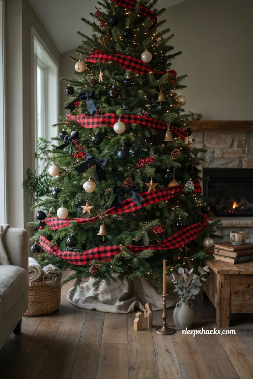 Buffalo plaid ribbon and black bows on a dark green Christmas tree