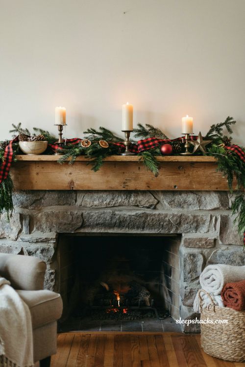 Buffalo plaid ribbon and fresh greenery Christmas mantel decor ideas