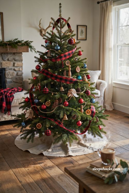 Buffalo plaid ribbon and ornaments on a cozy farmhouse Christmas tree