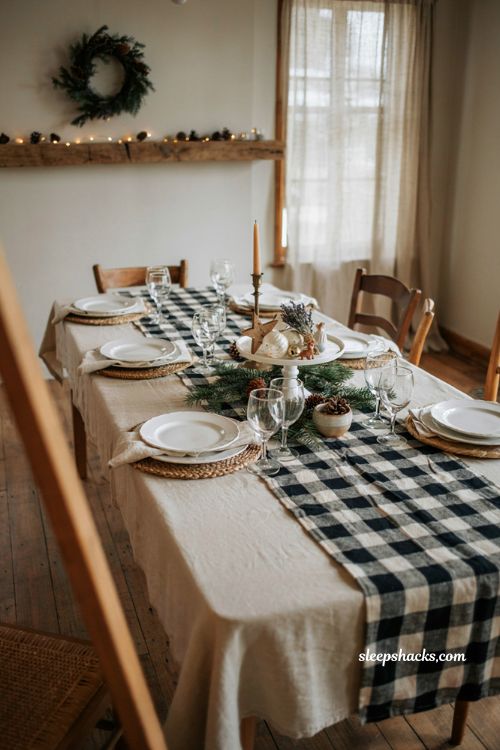 Buffalo plaid table runner Christmas decor with neutral farmhouse linens