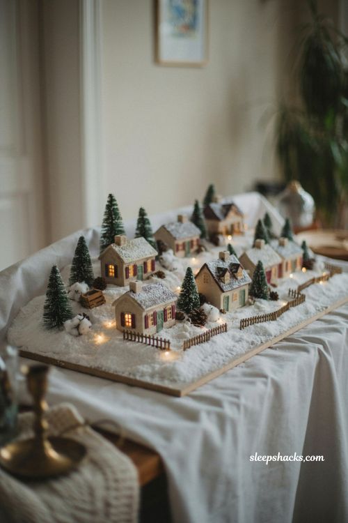 Buffalo snow blanket Christmas village base with snowy fabric landscape miniature houses and hidden lights 