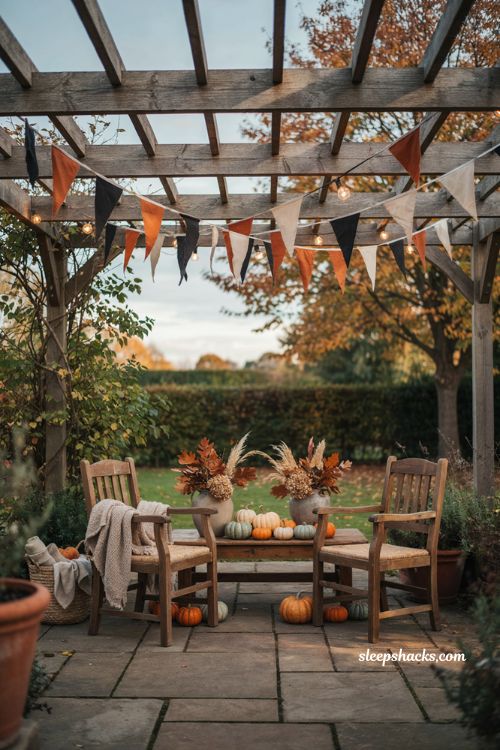 Bunting strung overhead for patio halloween decorating