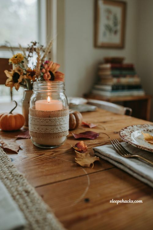 Burlap and lace mason jar candle holder with rustic fall table decor