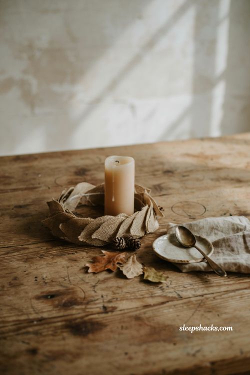 Burlap fall leaf candle ring centerpiece for rustic table decor