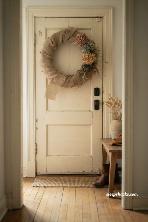 Burlap wrapped vintage fall wreath with faded florals and rustic farmhouse charm