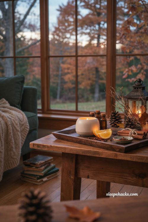 Cabin porch fall diffuser blend with orange cinnamon clove cozy throw and rustic woodland decor 