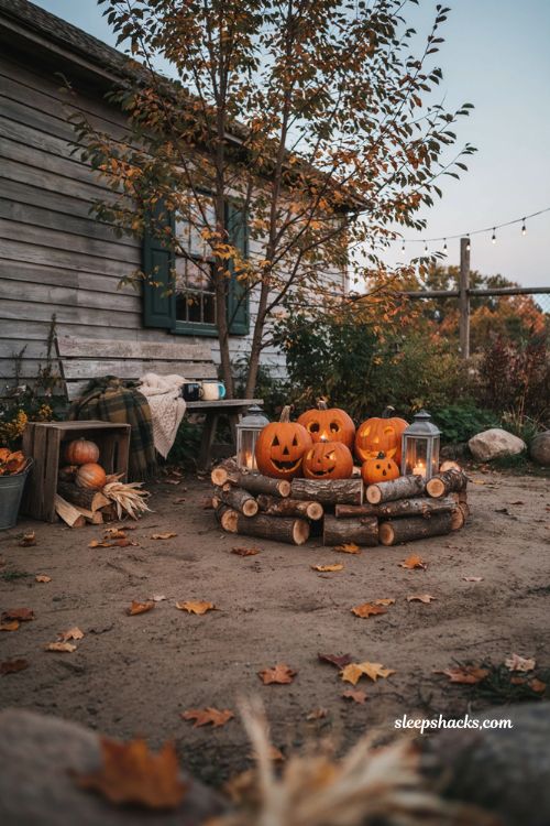 Campfire pumpkin display with stacked logs and glowing carved pumpkins 