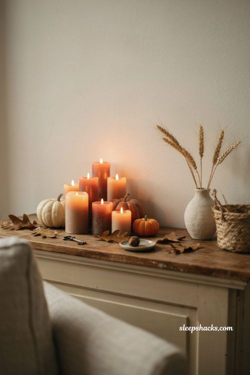 Candlelit fall mantel vignette with pumpkins dried leaves and warm cozy autumn decor
