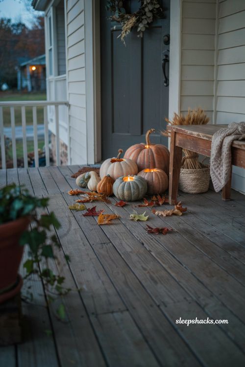 Candles nestled inside real pumpkins for cozy fall porch decor