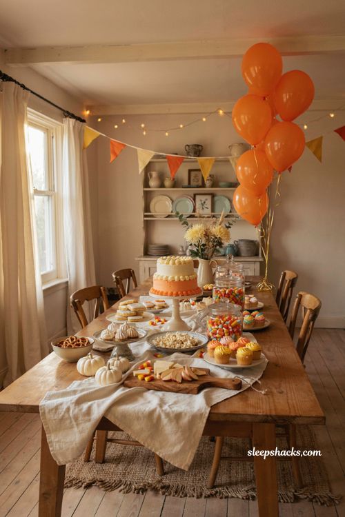 Candy corn color birthday party ideas orange yellow white Halloween decor