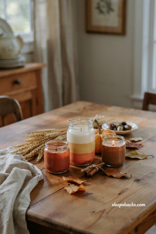 Candy corn painted mason jar candle with rustic fall table decor