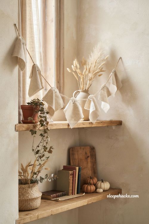 Canvas ghost Halloween garland on a rustic shelf with autumn decor 